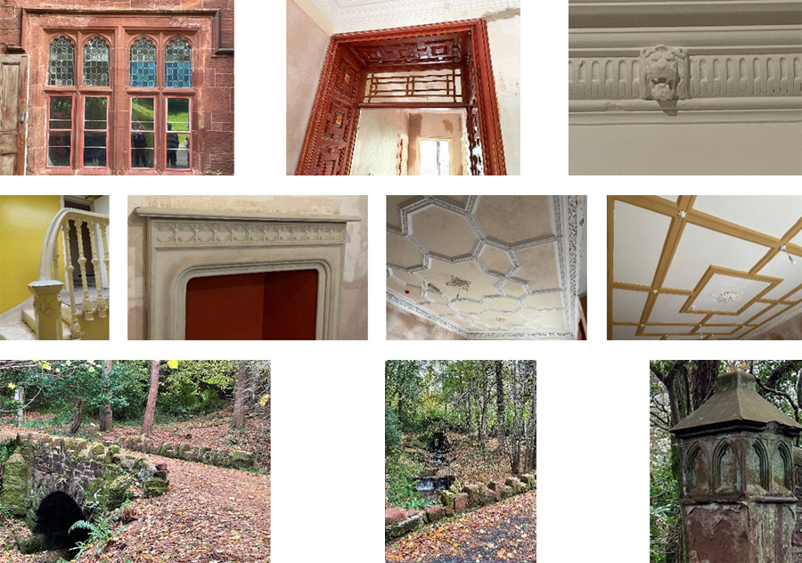 1. Stained glass window (hall) 2. Panelled doorway (hall) 3. & 4. Roll-moulded fireplace and compartmented ceiling (drawing room) 5. Ceiling (dining room) 6. Back stair. 7.Lion’s head cornice in hall. 8. Bridge with crenelated parapet 9. Stepped waterfall 10. Gate-Pier. Photos: ND 2021