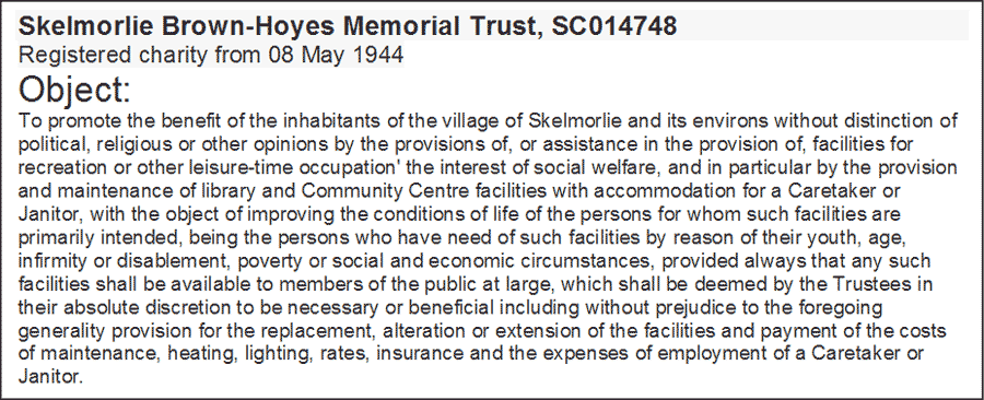 Source: OSCR Charities Register – Skelmorlie Brown-Hoyes Memorial Trust