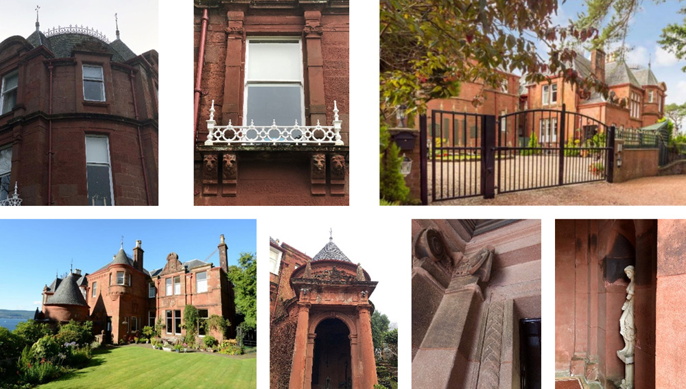 Photos: 1. Circular extension to north taken from NW. 2. Aedicule window to the north supported by wolf head corbels. 3. View from NE showing 1874 extension to right and 1893 extension to left. 4. 1893 extension from SE including new porch. 5, 6 & 7. New turreted porch to south added in 1893