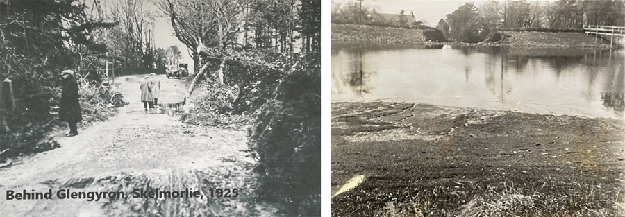 Photos: 1. The High Road behind Glengyron, Skelmorlie 1925. Facebook: SK & WB in their Heyday. 2. The reservoir after the breach with Glengyron in the background. Largs Museum